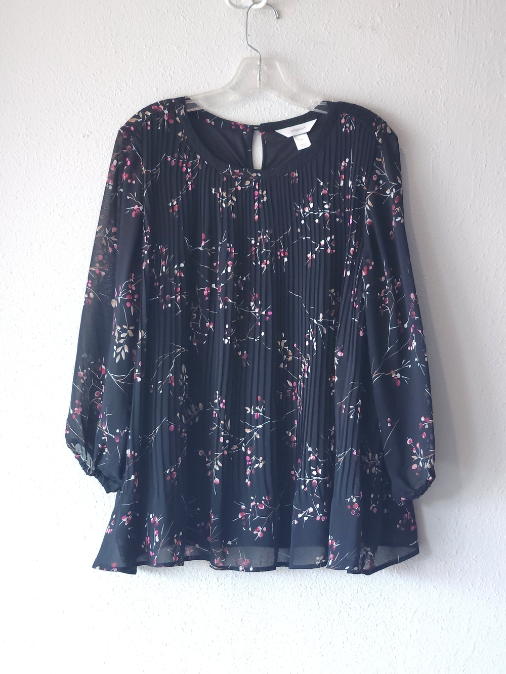 CJ Banks Black Pleated Blouse with Pink & Cream Floral Print PLUS SIZE 1X